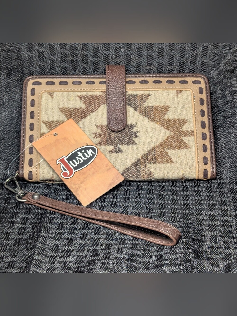 Justin Boots Brown & Cream Aztec Canvas Wristlet Wallet with Removable Strap.